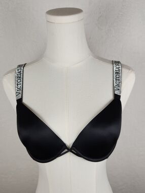 VS Very Sexy Logo Shine Strap Lightly Lined Low-Cut Demi Bra Black Size 34C
